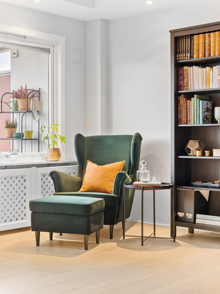 real estate, interior, house, luxury, interior design, living room, chair, shelves, pillow, hallway, home