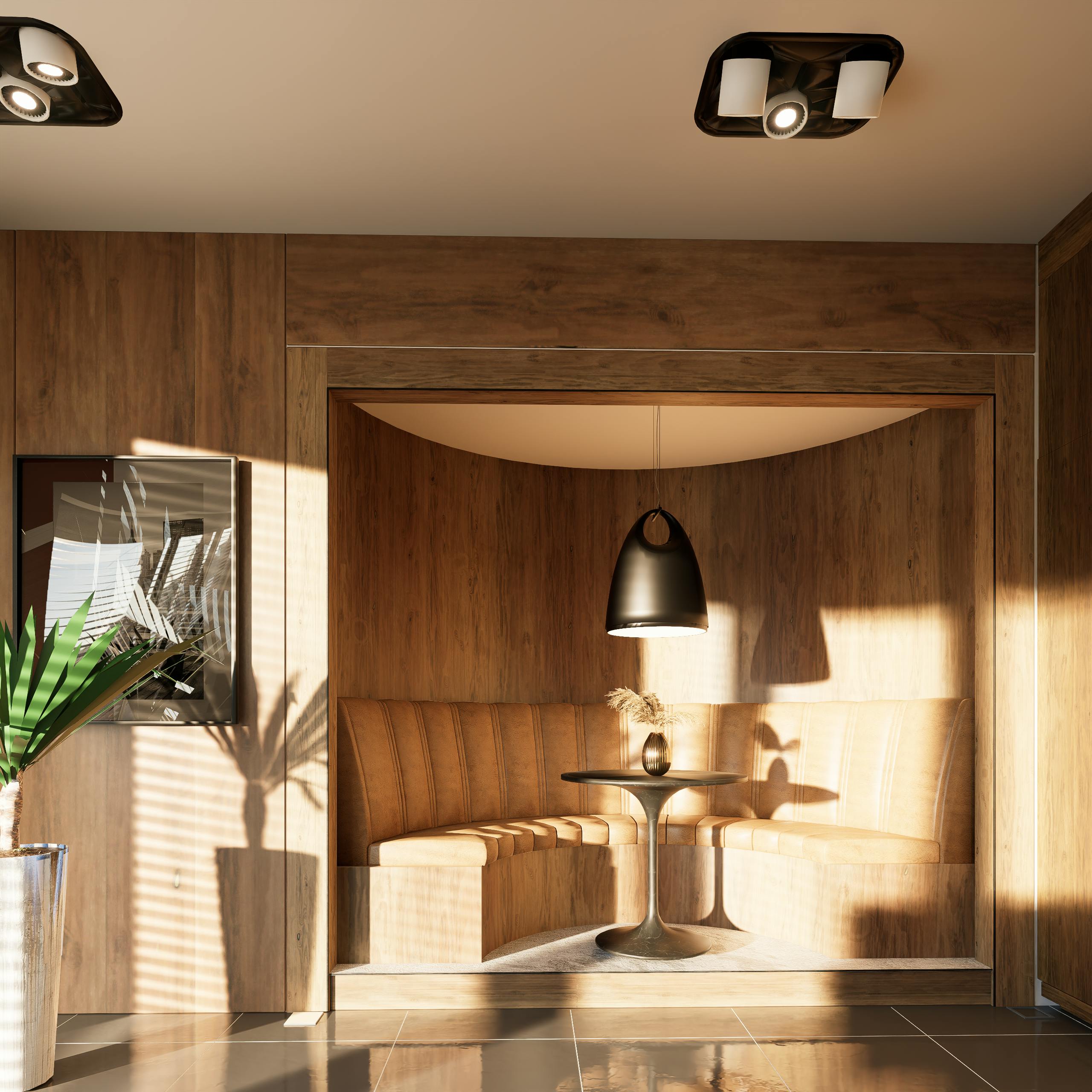 Modern interior with a cozy wood niche seating area, reflecting warm ambiance.